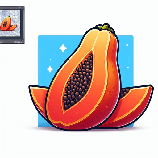 sliced fruit papaya with two slices 1one left and one right.
Single Game Texture.  In-Game asset.  2d.  Blank background.  High contrast.  No shadows