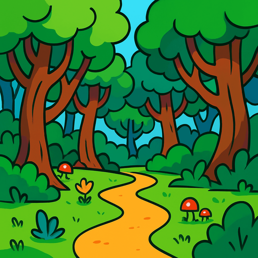 Un bosque cartoon.
In-Game asset.  2d.  High contrast.  No shadows