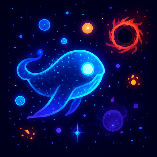 Oyun Adı: Kozmik Balina: Evrimsel Yolculuk

Oyun Türü: Uzayda Hayatta Kalma / Toplama / Büyüme (Casual)

Temel Konsept:
Oyuncu, devasa bir kozmik varlığı (enerji küresi, gezegen ruhu veya kozmik balina yavrusu gibi) kontrol eder. Amacı, uzaya dağılmış enerji parçacıklarını ve kürelerini emerek büyümek, evrimleşmek ve arenada sürekli beliren tehlikeli kozmik anomalilerden (kara delik benzeri alanlar, düşman varlıklar) kaçarak mümkün olduğunca uzun süre hayatta kalmaktır. Odak noktası görsel büyüme ve atmosferik keşiftir.

Görsel Stil ve Atmosfer:
* **Genel Estetik:** Minimalist ama zengin ve büyüleyici bir kozmik sanat stili. Derin uzayın gizemini ve güzelliğini yansıtmalı.
* **Renk Paleti:** Koyu lacivert, mor, derin siyahlar arka plan için. Oyuncu, toplanabilirler ve düşmanlar için parlak neon mavisi, mor, turuncu, kırmızı, sarı gibi kontrast renkler.
* **Parçacık Efektleri:** Bol miktarda parlak parçacık efekti (yıldız tozu, enerji emilimi, çarpışma parlamaları, evrimsel auralar).

O.
In-Game asset.  2d.  High contrast.  No shadows