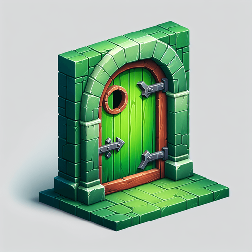 a green door.
Single Game Texture. In-Game asset. 2d. Blank background. High contrast. No shadows.