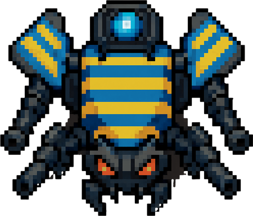 top down pixel art of an aggressive war drone with blue wasp stripes with a blue light on top.
In-Game asset.  2d.  High contrast.  No shadows
