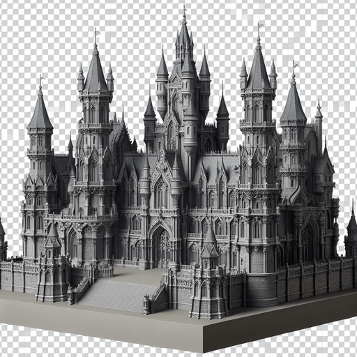 A grey fantasy castle.
In-Game asset. 2d. Transparent background. High contrast. No shadows.