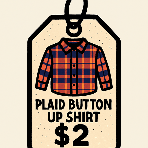 price tag that says plaid button up shirt $2.
In-Game asset.  2d.  High contrast.  No shadows