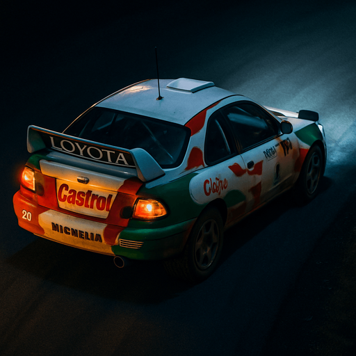 Photorealistic TOTOYA Rallycar in nightlight, drone topview from back and 45 degrees angle in top right corner