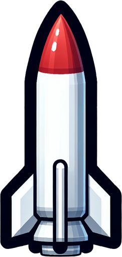 a While missile, with a red top that is pointing downwards.
Single Game Texture. In-Game asset. 2d. Blank background. High contrast. No shadows.