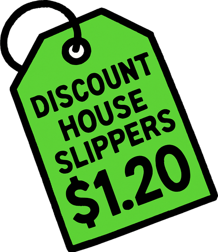 green price tag that says discount house slippers $1.20.
In-Game asset.  2d.  High contrast.  No shadows