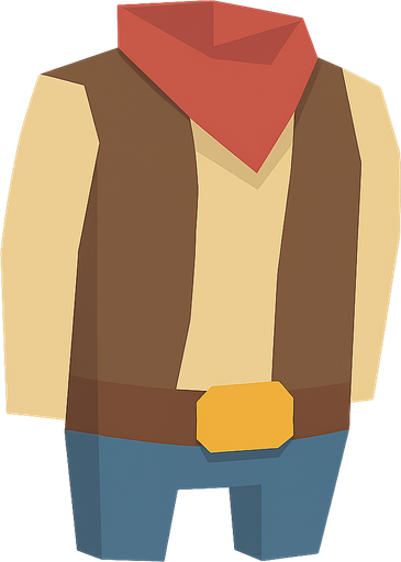 A lowpoly cowboy body without head legs and arms. No background. Transparent background. Blank background. No shadows. 2d. In-Game asset. flat