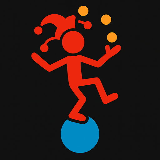 Red stickman that is a jester that is on a blue ball and is juggling.
In-Game asset.  2d.  High contrast.  No shadows