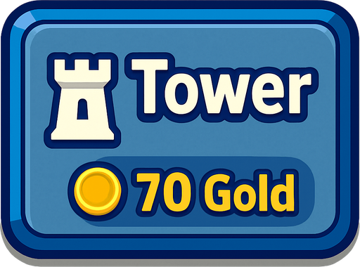 Crea un botón interactivo UI estilo 2D renderizado, limpio y cartoonish. Debe tener contornos definidos, colores vibrantes y sombreado que dé volumen. Será un rectángulo con esquinas ligeramente redondeadas. El fondo del botón será sólido y neutro (ej. gris claro, azul pizarra, metal pulido o piedra sutil). Debe contrastar con el "tablón" de madera pero integrarse bien al estilo general de la UI.

El botón debe contener:

Texto Principal: La palabra "Tower" (Torre) claramente visible en la parte superior central.

Icono Secundario (Opcional): Una silueta o dibujo estilizado y simple de una torre genérica, ubicada a la izquierda del texto "Tower" (o a la derecha, si el diseño lo favorece).

Precio: El texto "70 Oro" (o símbolo de oro y "70") claramente visible en la parte inferior central (o en una esquina inferior). Este precio debe ser una parte integral del diseño del botón (mismo asset).

Los colores de texto/icono deben contrastar claramente con el fondo (ej. blanco, dorado). El bo.
In-Game asset.  2d.  High contrast.  No shadows