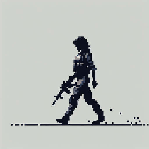 A single soldat walking downard in a 16 bit style Single Game Texture. In-Game asset. 2d. Blank background. High contrast. No shadows.