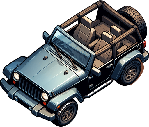 Jeep car cartoony, top down view.
Single Game Texture. In-Game asset. 2d. Blank background. High contrast. No shadows.