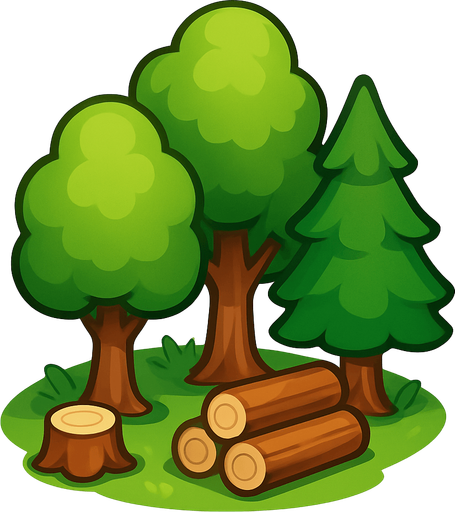 Crea un nodo de recurso de Bosque de Madera en un estilo 2D renderizado, limpio y cartoonish, con contornos claros y definidos, colores vibrantes con transiciones suaves, y sombreado que dé volumen. Debe ser fácilmente reconocible como una fuente de madera.

Estructura Principal: Un pequeño grupo de árboles estilizados de diferentes alturas y formas. Los troncos deben ser marrones y las copas verdes (variedad de tonos de verde).

Suelo: Un poco de hierba verde alrededor de las bases de los árboles.

Recursos Visibles: Debería haber algunos troncos cortados o pilas de madera pequeñas cerca de los árboles para indicar que es una fuente activa de madera.

Claridad: Debe haber suficiente espacio entre los elementos para que los trabajadores puedan interactuar con ellos visualmente.

Dimensiones Sugeridas: Similar a los otros nodos de recursos (64x64 o 96x96 píxeles)..
In-Game asset.  2d.  High contrast.  No shadows