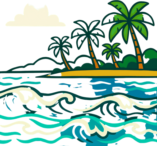 The tropical ocean with the shore of an island in the far background easily looping itself.
In-Game asset.  2d.  High contrast.  No shadows