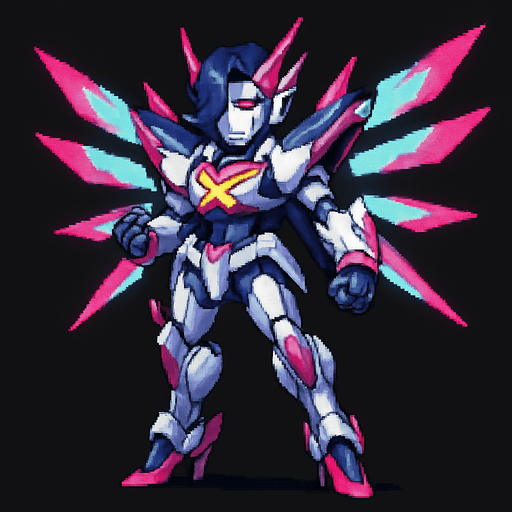 Appearance: An advanced and dramatically redesigned robotic version of Mettaton. It has futuristic armor, energy wings, and a stylized design reminiscent of an anime mecha. He have a heels, 2d pixel art