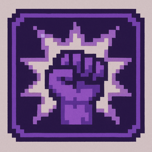 Pixel art of a purple power-up icon with a spiked fist symbol or explosion inside. Represents bonus attack damage in a retro game.
In-Game asset.  2d.  High contrast.  No shadows