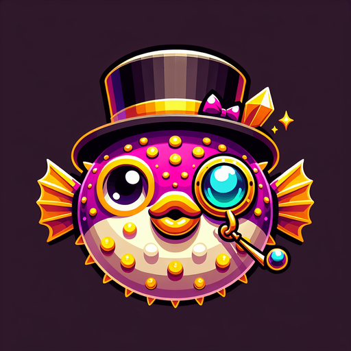 the face of a puffer fish with a top hat and monocle. facing straight forward. cartoon. color
Single Game Texture.  In-Game asset.  2d.  Blank background.  High contrast.  No shadows