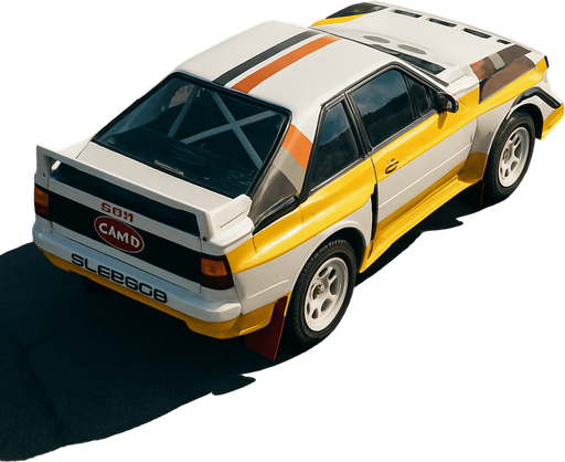 Photorealistic audi b2 quattro RALLYCAR, drone topview from back. Angle should be 45 degrees in the top right corner of the screen