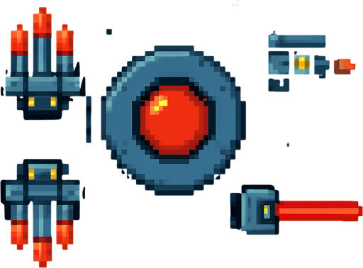 Модульный босс с телом круга рекетницами по бокам и лазером по середине все отдельно пиксельный вид сверху космос.
In-Game asset.  2d.  High contrast.  No shadows