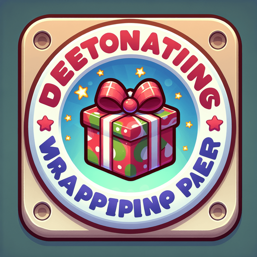 Icon for a explosive present, on a circle, with the text „detonating wrapping paper“ at top, cartoon Single Game Texture. In-Game asset. 2d. Blank background. High contrast. No shadows.