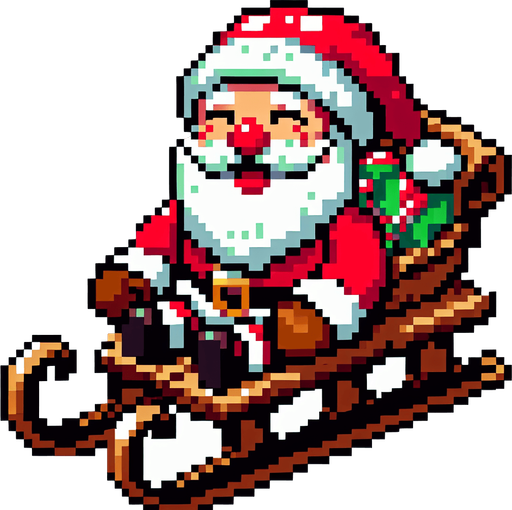 8-bit. cartoon. santa on sledge. smiling. in game asset. Single Game Texture. In-Game asset. 2d. Blank background. High contrast. No shadows.