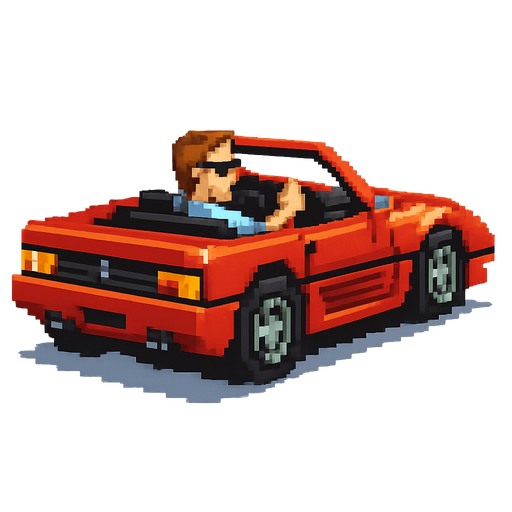 The car from the retro game out run, a red chevriolet, being driven by a man looking like from the 80s-90s. pixel style. The car is centered in the image, but it's positioned in diagonal, from top right to bottom left. No shadows on the car.