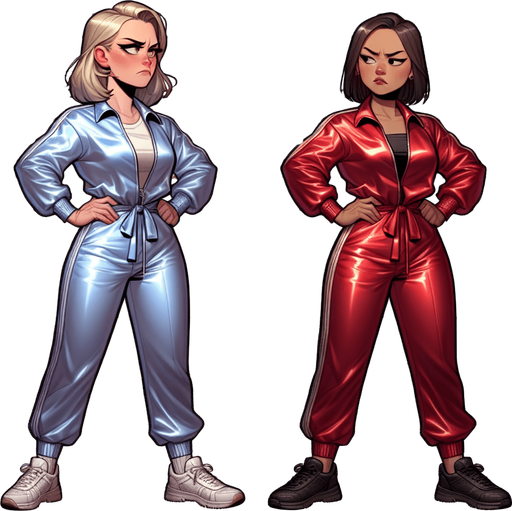 Breast to breasts. Друг против друга стоят. eye to eye. Beautiful blonde norwegian girl in satin track jacket tracksuit color blue vs beauty brunette asian girl in silk track jacket tracksuit color red. Руки за спиной грудь вперед. Смотрят боком стоят в профиль гордо подбородок вверх. Cartoon comics. Во весь рост. Гордые, красивые, злые, раздраженные, с призрением смотрят, скривили губы. Tracksuit track jacket shiny satin. Ноги в кроссовках, блондинка в белых кроссовках, брюнетка в черных кроссовках спорт. Драка бой удары борьба.
Single Game Texture. In-Game asset. 2d. Blank background. High contrast. No shadows.