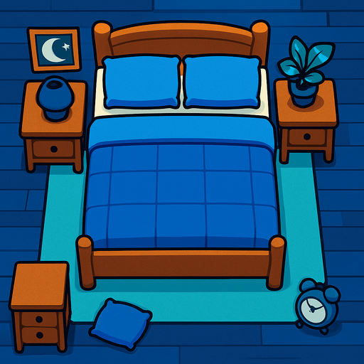 a top view of a bedroom with a blue bed.
In-Game asset.  2d.  High contrast.  No shadows