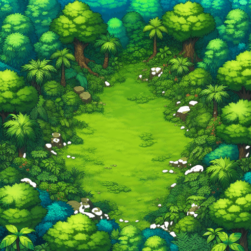 It's a 2D planar background. It's a jungle with green grass growing all over the ground and thick forests surrounding it..
Single Game Texture. In-Game asset. 2d. Blank background. High contrast. No shadows.