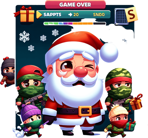 A game over screen for the game "Snowball Santa". Santa is very sad because all the presents has been stolen from ninja kids.
Single Game Texture. In-Game asset. 2d. Blank background. High contrast. No shadows.