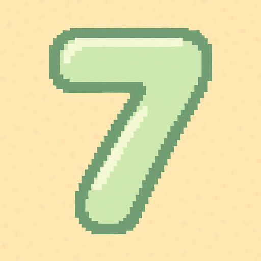 A pixel art number "7" designed for a cozy, cute retro 2D game UI with a bird theme. The number is rendered in soft pastel light green tones to harmonize with the gentle and sweet aesthetic of the game. It has a clean, simple, and rounded pixel style with no harsh edges, fitting perfectly within the pixel art UI style. The number is bold and easily readable at small sizes..
In-Game asset.  2d.  High contrast.  No shadows. pixel art. retro. 2d ui. number. pastel light green. simple. rounded edges. bold. cute. minimal