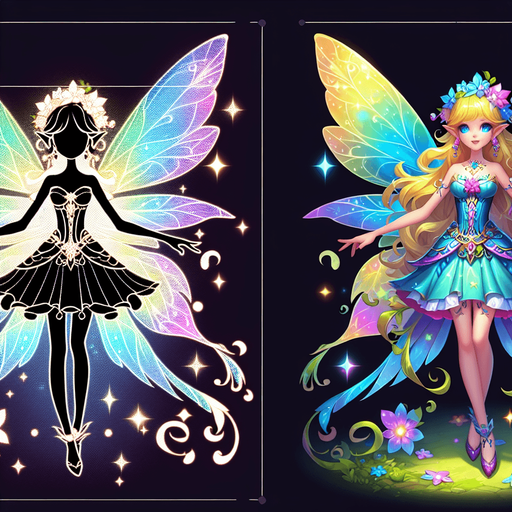 fairy.
Single Game Texture. In-Game asset. 2d. Blank background. High contrast. No shadows.