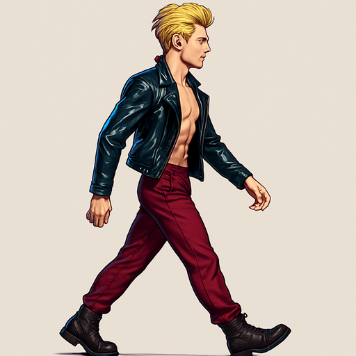 Walking, Front arm in front of body, front leg extended behind, back leg in front, limbs positions swapped, Swishy graceful man Cyberpunk manga, side profile view walking animation, shiny black leather biker jacket longsleeves shirtless Skinny abs blonde pompadour guy, wine red joggers combat boots, Background removed, "Full-body character, entirely in frame, no cropping of face, head, or feet" "Complete character visible, from head to toe, fully centered in the image" "Entire character, including face and boots, fully within the frame" Character fully contained within a square frame, no edges cut off fashion model idle pose