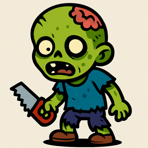 2D. Child (small) zombie. He has a small saw in his hand..
In-Game asset.  2d.  High contrast.  No shadows