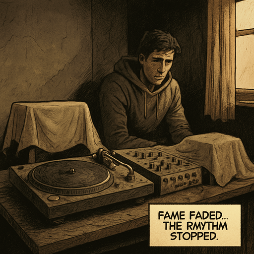 Realistic comic book scene, 2048x2048. Interior of a dusty room with DJ gear covered and unused. Noah sits in the background, partially hidden in shadow, melancholic lighting. Include a small narrator box at the bottom-right corner with the text: "Fame faded. The rhythm stopped.".
In-Game asset.  2d.  High contrast.  No shadows