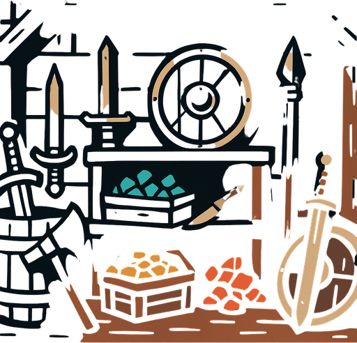 Eski kılıçlı silahlar ve cevherlerin vs. olduğu uzaktan bakış depo alanı..
In-Game asset.  2d.  High contrast.  No shadows