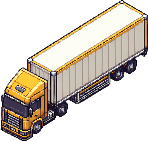 "Top-down view of a long yellow truck with a brown or white cargo container, pixel art style, 64x128 size, minimal retro arcade design, designed for a mobile endless driving game, clearly visible front cab and rear body, vertical orientation.".
Single Game Texture.  In-Game asset.  2d.  Blank background.  High contrast.  No shadows
