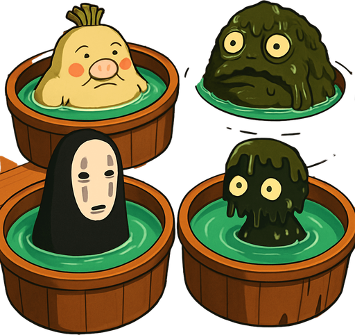 Japanese circle bath have different stink spirits from movie "spirited away". each one per bath. HD colors.
In-Game asset.  2d.  High contrast.  No shadows