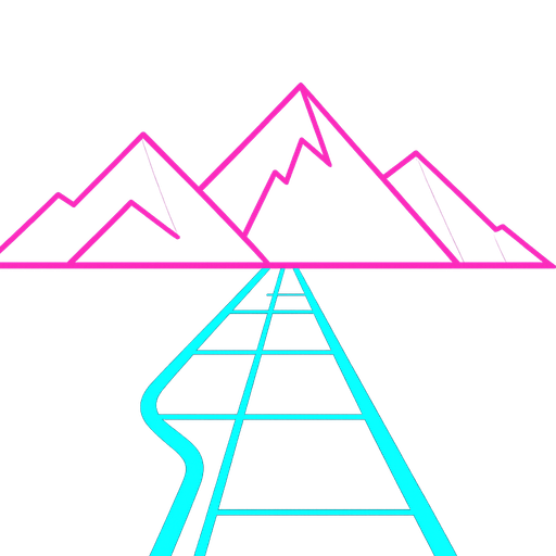 Minimalistic Neon path like tron and some minimalistic mountains with a gradient.
In-Game asset.  2d.  High contrast.  No shadows