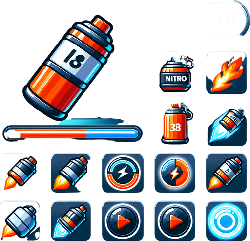 I need a 2D Nitro Boost asset for my street racing game on the UPIT FRVR platform. Please provide:

A Nitro item/power-up icon (e.g., a glowing canister, fuel bottle, or energy orb)

An optional nitro flame trail effect (to show speed burst behind the car when nitro is activated)

Asset Requirements:

Bright, high-energy colors (like blue, orange, or electric white)

Should look exciting and clearly indicate a speed power-up

Sized appropriately to place on the road for pickup or to attach behind the car when used

Style should match a fun and fast-paced 2D racing game.
Single Game Texture.  In-Game asset.  2d.  Blank background.  High contrast.  No shadows
