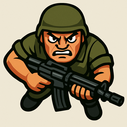Yukardan bakış asker ve yüz ekle sinirli.
Elinde büyük bir silah var In-Game asset.  2d.  High contrast.  No shadows