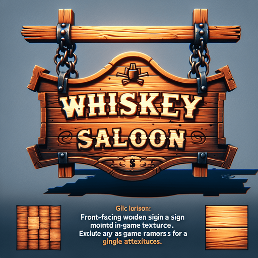 front facing western shooting gallery wooden sign hanging from chains that is written "Whiskey Saloon".
Single Game Texture. In-Game asset. 2d. Blank background. High contrast. No shadows.