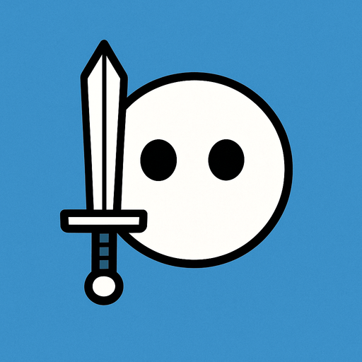 White simple circular enemy seen from above, black outline. Black eyes, with a single Sword in-font of it. Black and white only. Blue background.