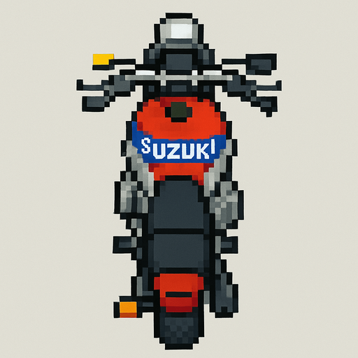 bird's eye pixel art motorcycle suzuki.
In-Game asset.  2d.  High contrast.  No shadows