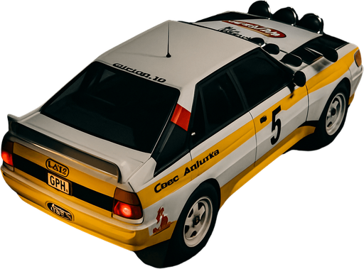 Photorealistic white audi b2 quattro RALLYCAR with YELLOW LIVERY AND red,grey,black stripes livery, drone topview from back in night. Angle should be 45 degrees in the top right corner of the screen.