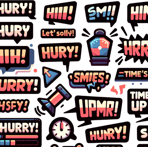 Multiple stylized texts with phrases that include “Hurry!” “Time’s up!” Cartoon style..
Single Game Texture. In-Game asset. 2d. Blank background. High contrast. No shadows.