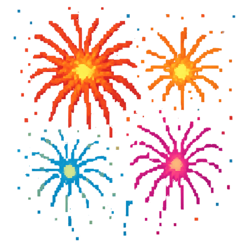 fireworks, retro pixel style, colorful.
In-Game asset.  2d.  High contrast.  No shadows