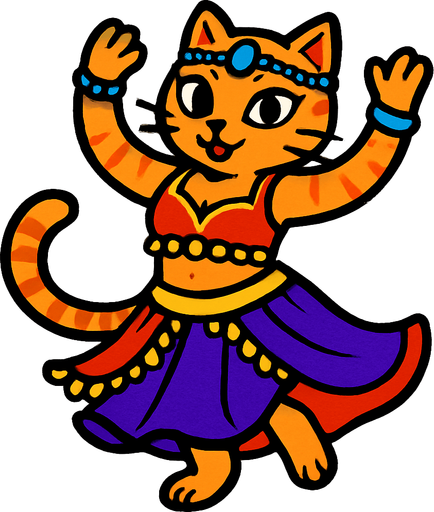 dansöz kıyafetli ayakta duran elleri havada dans eden bir kedi.
In-Game asset.  2d.  High contrast.  No shadows