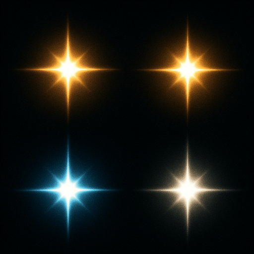 Bright, dense star-like points

```
- Center: Brilliant white core (8x8 pixels)
- Glow: Yellow-white gradient extending to edges
- Intensity: Very bright, sharp center with soft falloff
- Shape: 4-pointed star or cross pattern
- Color variants: White, yellow, light blue.
In-Game asset.  2d.  High contrast.  No shadows