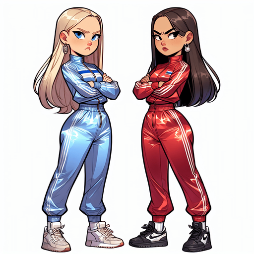 Breast to breasts. Друг против друга стоят. eye to eye. Beautiful blonde norwegian girl in satin track jacket tracksuit color blue vs beauty brunette asian girl in silk track jacket tracksuit color red. Руки за спиной грудь вперед. Смотрят боком стоят в профиль гордо подбородок вверх. Cartoon comics. Во весь рост. Гордые, красивые, злые, раздраженные, с призрением смотрят, скривили губы. Tracksuit track jacket shiny satin. Ноги в кроссовках, блондинка в белых кроссовках, брюнетка в черных кроссовках спорт. Драка бой удары борьба.
Single Game Texture. In-Game asset. 2d. Blank background. High contrast. No shadows.