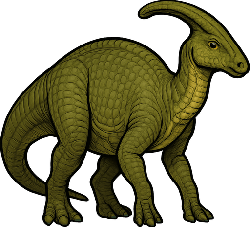 A large Parasaurolophus dinosaur with smooth, greenish-brown scaly skin. It has a long, curved cranial crest extending from the back of its head. The body is bulky with thick legs and a long tail. The skin shows detailed scales with subtle shading and wrinkles. The head has gentle eyes and a broad snout..
In-Game asset.  2d.  High contrast.  No shadows